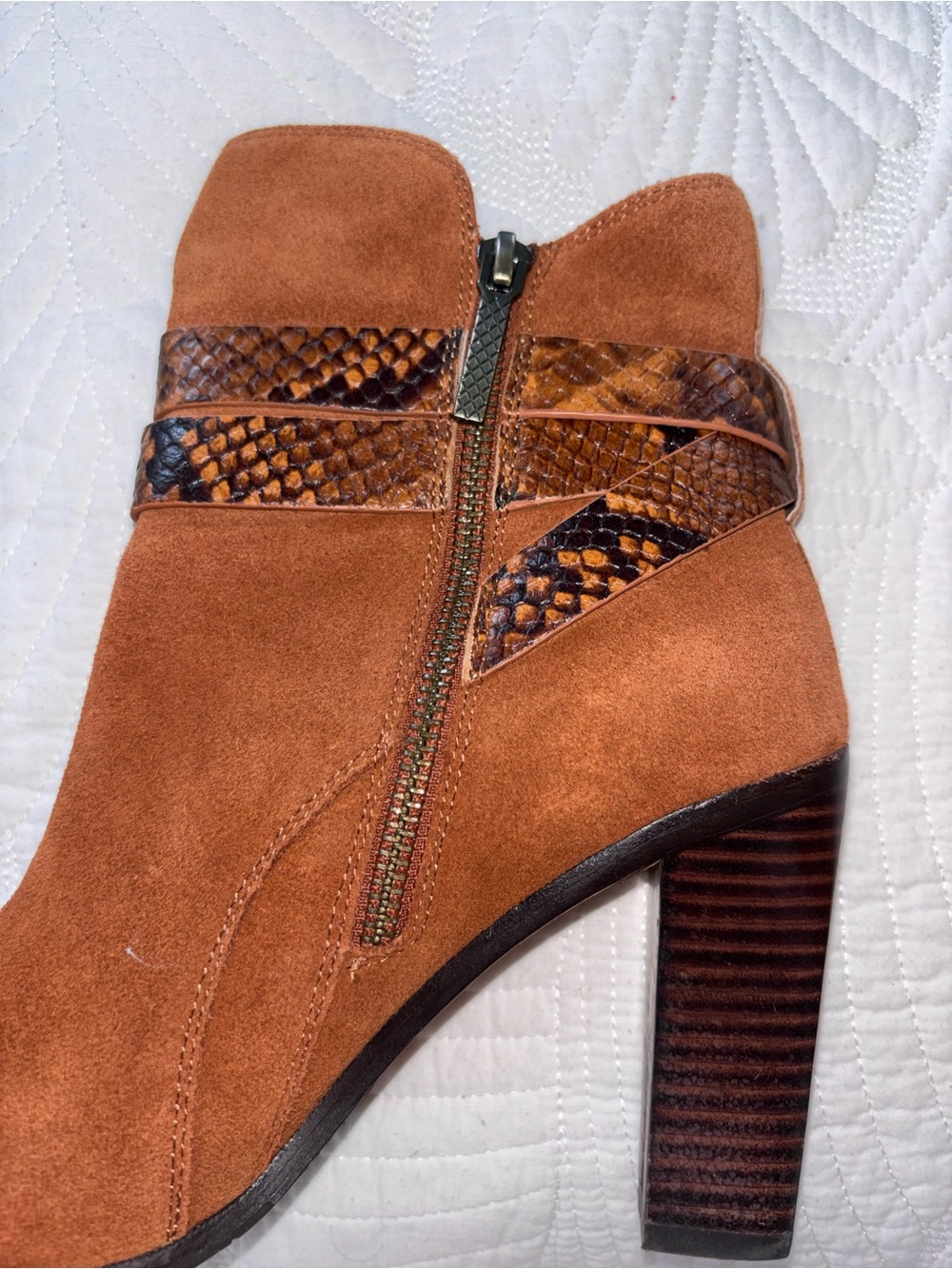 Donald J. Pliner Suede Ankle Boots in Rust with Snake-Print Strap - Picture 5 of 9